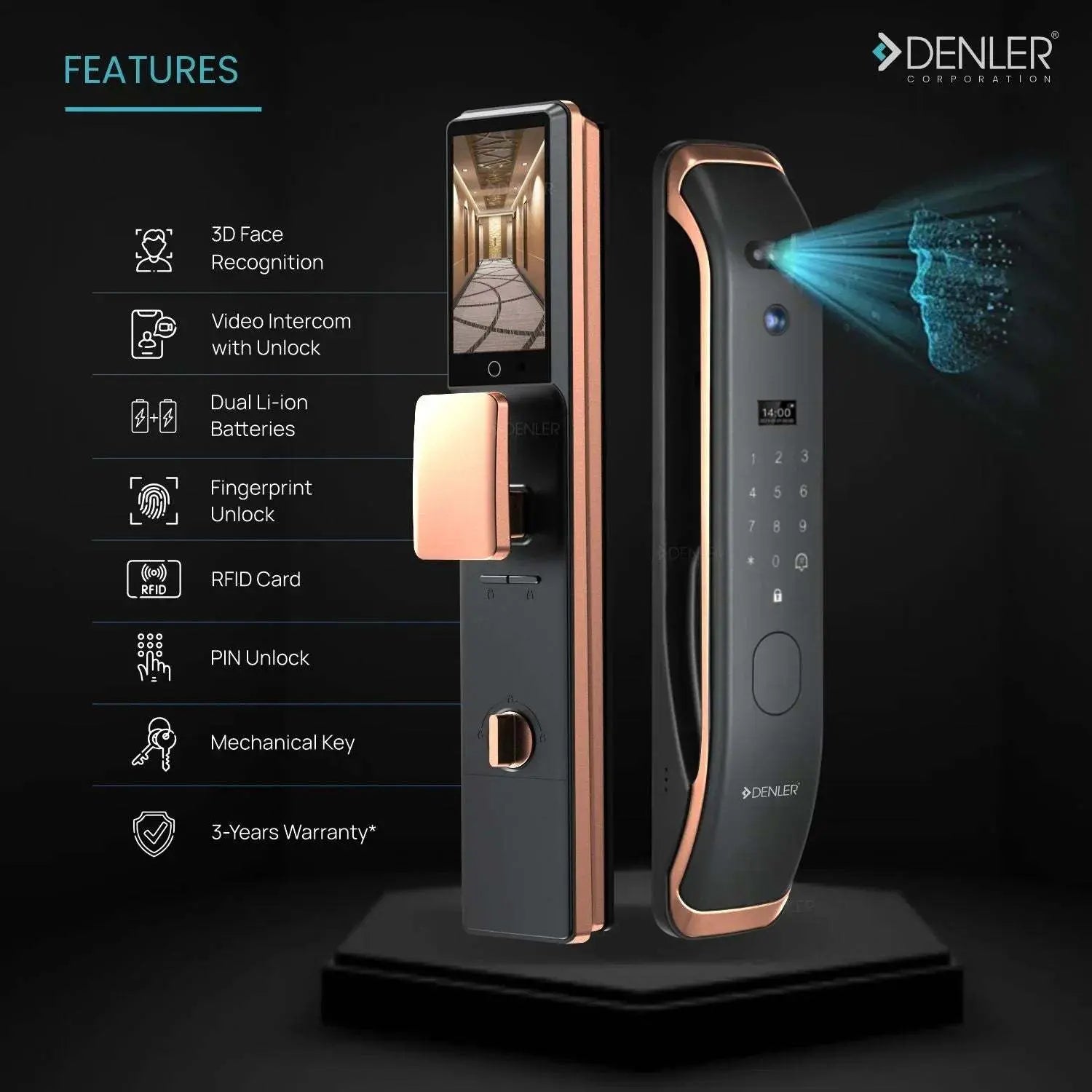 Denler L04v2 Fingerprint Lock, Smart Door Lock, 3D Face Recognition, Inbuilt Wi-Fi for Anytime Video & Unlocking, Fingerprint, Password, Key, Card 3 years warranty
