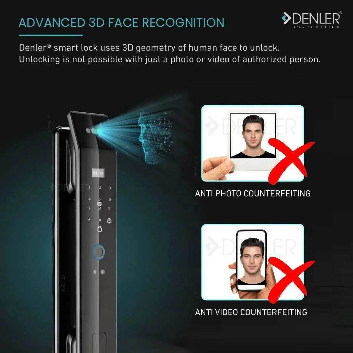 Denler F4 Smart Door Lock,Digital Door Lock with Dual Batteries, 3D Face Recognition, Wi-Fi Remote Unlock Using App
